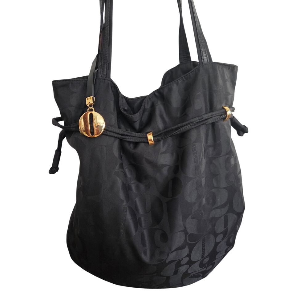 LARGE Vintage Sharif Black Nylon Leather Drawstring Slouchy Shoulder Bag Charm